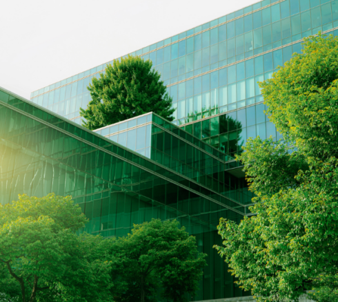 Glass-fronted office building surrounded by trees
