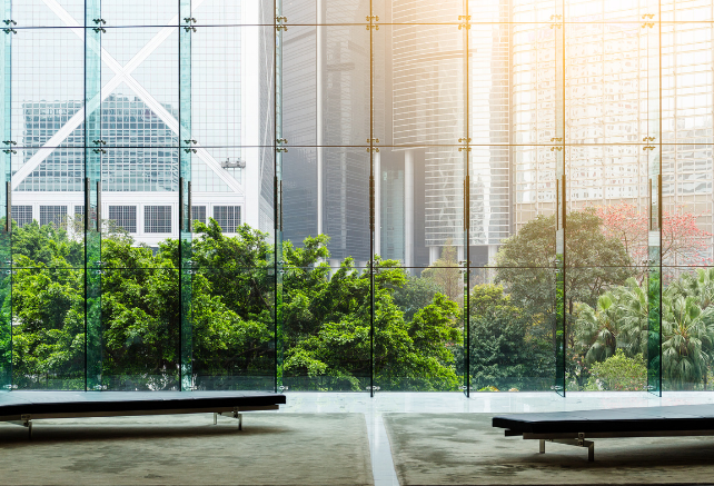 Office with glass windows and trees on the other side